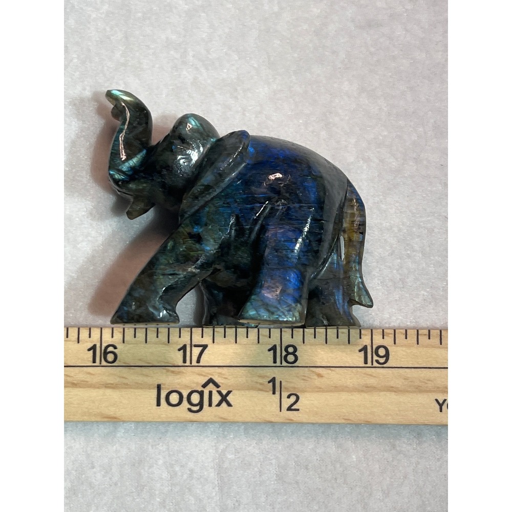 Vintage Hand Carved Labradorite Crystal Elephant Figurine High Blue Flash 3.5"
